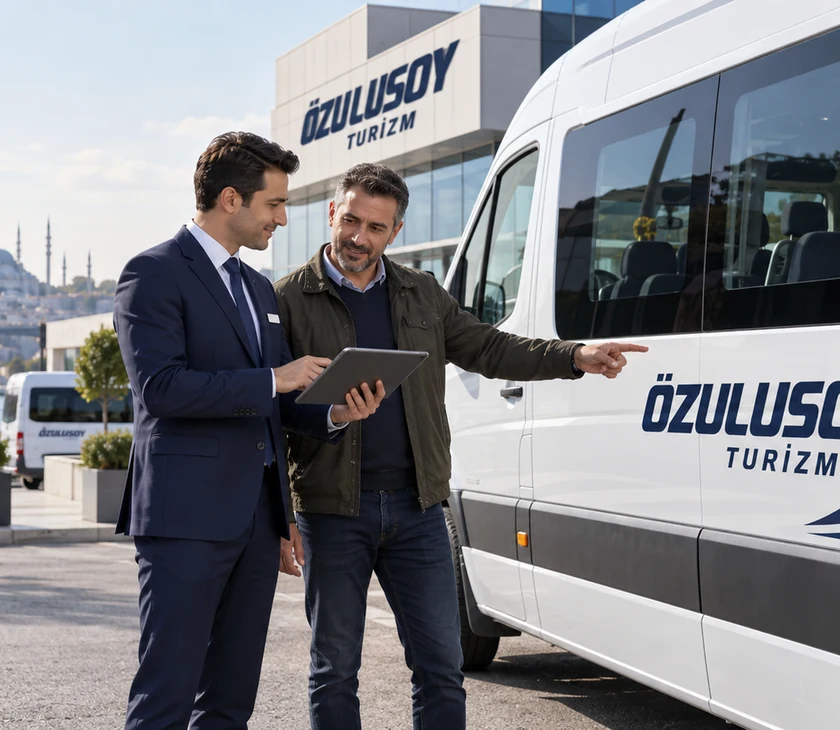 Özulusoy Turizm servis aracı yanında tablet üzerinden araç bilgilerini değerlendiren yetkili ve araç sahibi