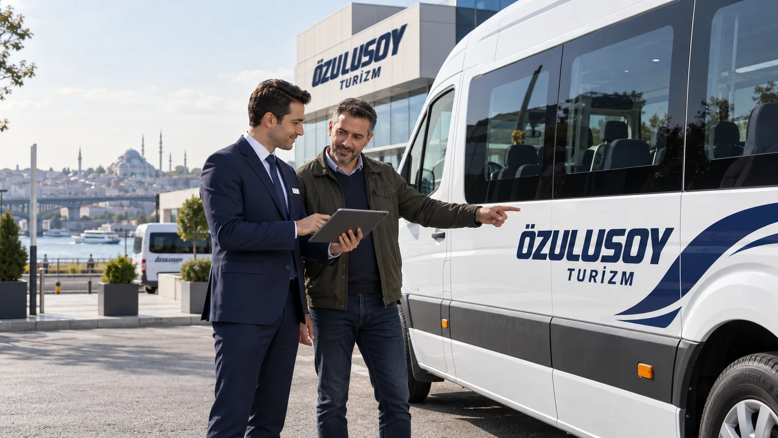 Özulusoy Turizm servis aracı yanında tablet üzerinden araç bilgilerini değerlendiren yetkili ve araç sahibi