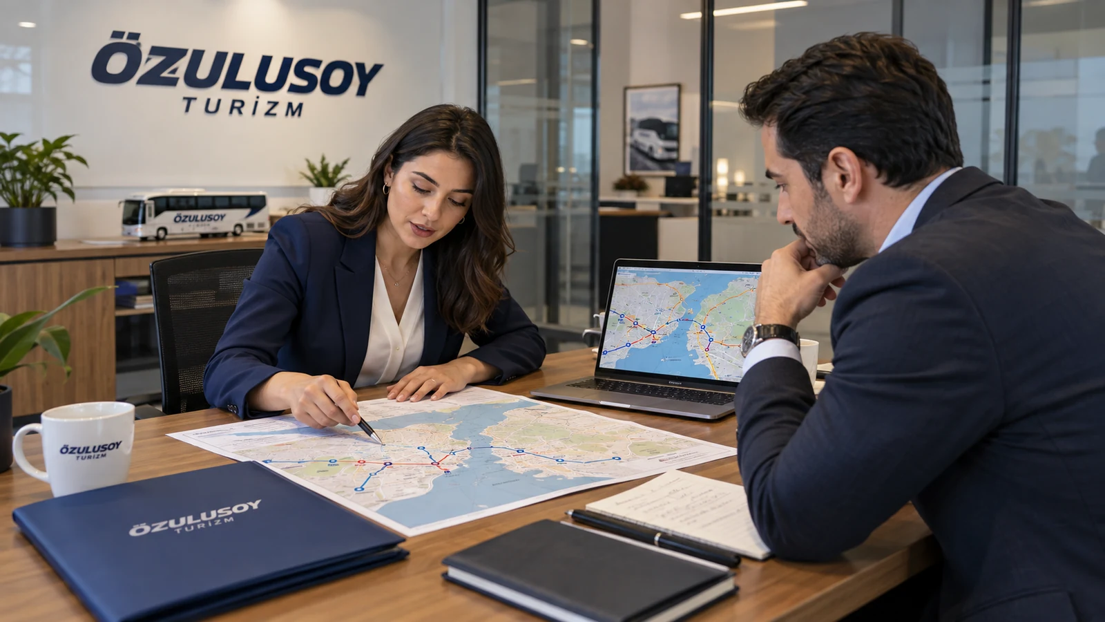 Özulusoy Turizm ofisinde İstanbul servis güzergâhını değerlendiren müşteri danışmanı ve kurum temsilcisi